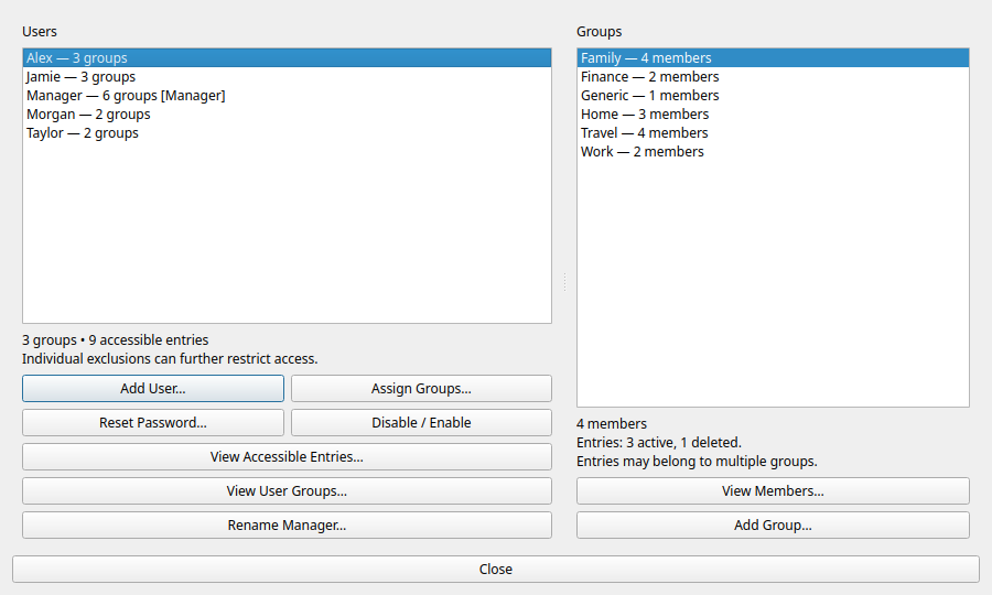 Users and groups in Wormwright Vault, showing demo data