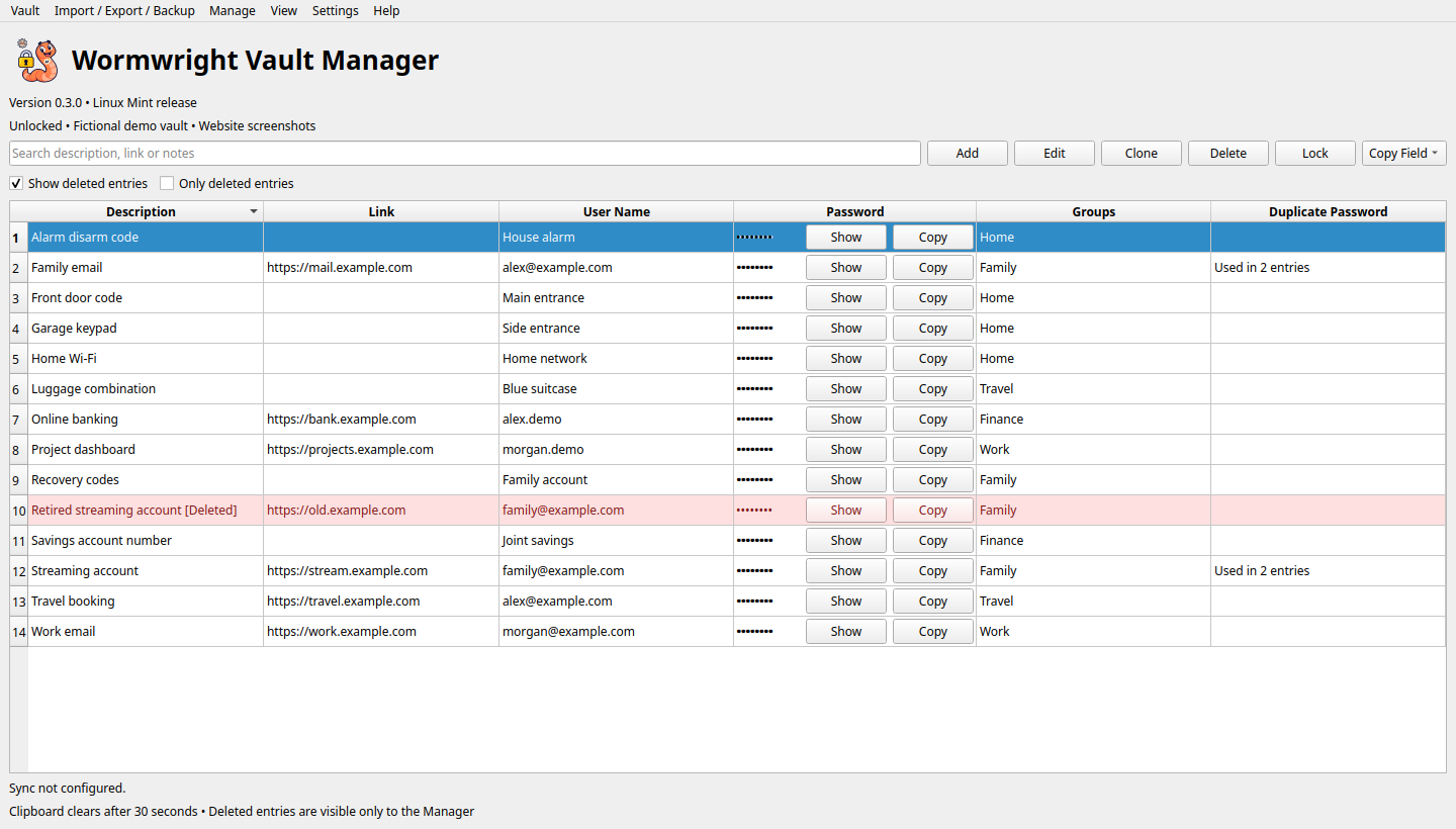 Vault Manager in Wormwright Vault, showing demo data